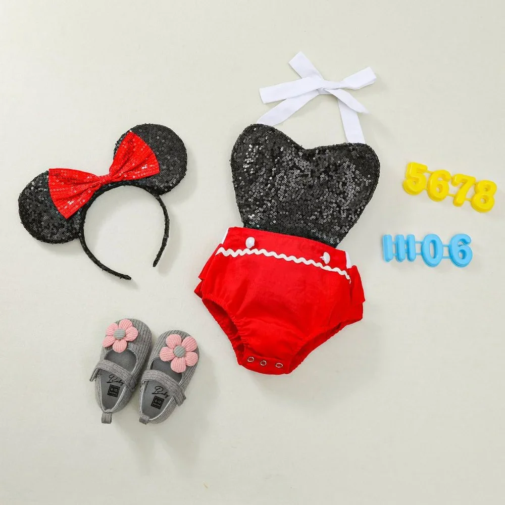 Minnie Mouse Baby Girls Sequin Romper Jumpsuit & Ear Headband Outfit Set